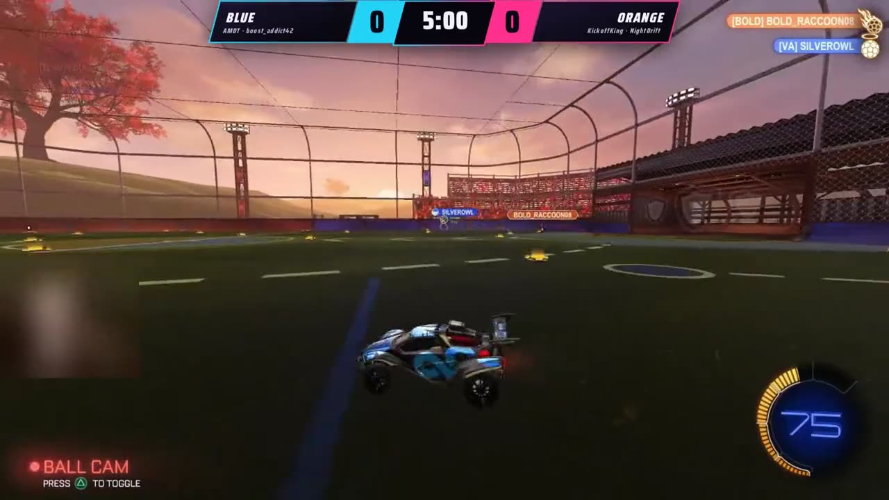 Rocket League gameplay with the BOOSTCAST overlay: live scoreboard and goal stinger